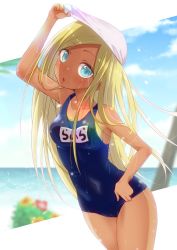 Rule 34 | 1girl, :o, adjusting clothes, adjusting swimsuit, arm up, bare arms, bare shoulders, blonde hair, blue eyes, blue sky, blue one-piece swimsuit, breasts, cloud, collarbone, covered navel, dark-skinned female, dark skin, day, highres, idolmaster, idolmaster cinderella girls, layla (idolmaster), long hair, looking at viewer, medium breasts, name tag, one-piece swimsuit, open mouth, sarujie (broken monky), school swimsuit, sky, solo, straight hair, swim cap, swimsuit, thighs, water, wet