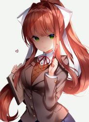 Rule 34 | 1girl, blazer, blush, bow, breasts, brown hair, brown jacket, brown sweater, buttons, collared shirt, doki doki literature club, false smile, green eyes, hair bow, hair intakes, high ponytail, highres, holding, holding pen, jacket, large breasts, long hair, long sleeves, looking at viewer, monika (doki doki literature club), neck ribbon, notebook, pen, ponytail, ribbon, school uniform, shaded face, shirt, shouu-kun, simple background, smile, solo, sweater, undershirt, upper body, very long hair, white background, white bow, wing collar