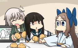 Rule 34 | 3girls, ahoge, asakaze (kancolle), black hair, blue bow, blue eyes, blue hakama, blue neckwear, blue sailor collar, blunt bangs, bow, breast conscious, brown eyes, closed eyes, collared shirt, commentary request, cream puff, dated, flying sweatdrops, food, forehead, fur-trimmed sleeves, fur trim, furisode, green jacket, hair bow, hakama, hakama skirt, hamu koutarou, hatsuyuki (kancolle), highres, jacket, japanese clothes, kantai collection, kimono, light brown hair, long hair, long sleeves, meiji schoolgirl uniform, multiple girls, neck ribbon, neckerchief, one-hour drawing challenge, parted bangs, plate, red ribbon, ribbon, sailor collar, school uniform, serafuku, shimushu (kancolle), shirt, short hair, sidelocks, silver hair, skirt, sweater, television, trembling, triangle mouth, upper body, wavy hair, white kimono