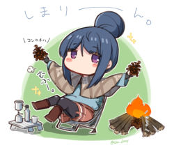 Rule 34 | 1girl, black pantyhose, blue hair, blue shirt, blush stickers, boots, bottle, brown capelet, brown footwear, brown skirt, campfire, camping chair, capelet, chibi, commentary request, cup, drinking glass, fire, full body, green background, hair between eyes, hair bun, holding, long sleeves, looking at viewer, on chair, pantyhose, pinecone, pleated skirt, purple eyes, shima rin, shirt, sidelocks, skirt, solo, sou (soutennkouchi), table, translation request, two-tone background, white background, wide sleeves, yurucamp