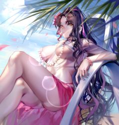 Rule 34 | 1girl, beach, beach chair, bikini, black hair, blue sky, bracelet, breasts, chinese commentary, closed mouth, commentary, dappled sunlight, earrings, facial mark, fate/grand order, fate (series), feet out of frame, fingernails, flower, forehead mark, forehead tattoo, hair flower, hair ornament, highres, jewelry, large breasts, leaf, light smile, long hair, looking at viewer, multicolored hair, nail polish, necklace, outdoors, parted bangs, pearl bracelet, pearl earrings, pearl necklace, petals, pink hair, pink nails, pink sarong, ponytail, qing yu, seashell, sessyoin kiara, sessyoin kiara (swimsuit mooncancer), sessyoin kiara (swimsuit mooncancer) (first ascension), shell, sidelocks, sitting, sky, solo, streaked hair, sunlight, swimsuit, thighs, very long hair, white bikini, yellow eyes