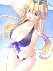 Rule 34 | 10s, 1girl, adapted costume, arm behind head, beach, bikini, blonde hair, blue bikini, blue eyes, blush, breasts, cleavage, collarbone, day, front-tie bikini top, front-tie top, gluteal fold, halterneck, headgear, iowa (kancolle), kadokawa shoten, kantai collection, large breasts, long hair, looking at viewer, maki (seventh heaven maxion), open mouth, outdoors, skindentation, sky, smile, solo, standing, striped bikini, striped bikini bottom, striped clothes, sunlight, swimsuit