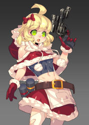 Rule 34 | 1girl, abs, absurdres, ahoge, apron, bare shoulders, belt, bow, breasts, fengmo, fur trim, gloves, gradient background, green eyes, grey background, gun, hair bow, handgun, highleg, highres, holding, holding gun, holding weapon, hood, laser sight, medium hair, navel, open mouth, original, pinky out, red bow, red gloves, red skirt, revolver, scope, skirt, small breasts, solo, thighhighs, thong, torn clothes, torn thighhighs, waist apron, weapon, weapon request, white thighhighs