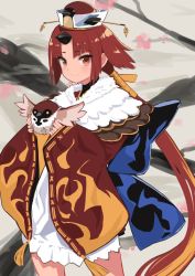 Rule 34 | 1girl, animal, benienma (fate), bird, bird hat, brown eyes, brown hair, commentary, cowboy shot, fate/grand order, fate (series), feather trim, hat, hinomaru (futagun), holding, holding animal, holding bird, horns, looking at viewer, short hair with long locks, single horn, smile, sparrow, wide sleeves