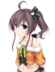 Rule 34 | 1girl, :&lt;, ahoge, arms behind back, blue eyes, brown hair, camisole, crop top, highres, hololive, long hair, midriff, natsuiro matsuri, natsuiro matsuri (1st costume), navel, orange shirt, pinstripe camisole, pinstripe pattern, ribbon, shirt, short sleeves, side ponytail, simple background, skirt, solo, striped, tamase tama, upper body, virtual youtuber, white background, white skirt