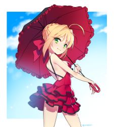 Rule 34 | 10s, 1girl, ahoge, back, blonde hair, braid, cloud, day, dress, eyebrows, fate/extra, fate (series), frilled dress, frills, from side, green eyes, hair bun, hair intakes, hair ribbon, holding, holding umbrella, layered dress, looking at viewer, looking to the side, nero claudius (fate), nero claudius (fate) (all), nero claudius (fate/extra), official alternate costume, parasol, red dress, red ribbon, red umbrella, ribbon, short hair, sidelocks, single hair bun, smile, solo, twitter username, umbrella, zn (zzzzzni)