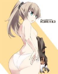 Rule 34 | 10s, 1girl, ass, back, blue eyes, breasts, brown hair, butt crack, character name, unworn clothes, gluteal fold, hair between eyes, kantai collection, kumano (kancolle), long hair, open mouth, panties, ponytail, shigino sohuzi, small breasts, solo, topless, torn clothes, underwear, underwear only, white panties