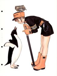Rule 34 | armband, bird, boots, clothes writing, dress, full body, futurhythm, gloves, hat, highres, murata range, penguin, rubber boots, simple background, solo, standing, uniform, white background