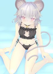 Rule 34 | 1girl, 3:, animal ears, bell, blush, cat cutout, cat ear panties, cat lingerie, cleavage cutout, clothing cutout, eyebrows, highres, ishikkoro, jingle bell, looking at viewer, meme attire, mouse ears, mouse tail, navel, nazrin, panties, side-tie panties, solo, tail, touhou, underwear
