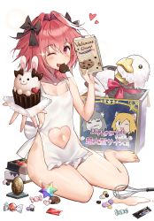 Rule 34 | 1boy, apron, astolfo (fate), bad id, bad pixiv id, bare shoulders, barefoot, black bow, blonde hair, blush, bow, box, braid, candy, candy bar, chocolate, chocolate heart, clothing cutout, collarbone, cookie, fang, fate/apocrypha, fate/grand order, fate (series), food, gift, gift box, hair between eyes, hair intakes, heart, heart cutout, highres, hippogriff, legs, long braid, long hair, looking at viewer, male focus, melty blood, mouth hold, multicolored hair, naked apron, navel, navel cutout, neco-arc, neco-arc chaos, one eye closed, open mouth, outstretched arm, pink hair, purple eyes, red eyes, religious offering, saint quartz (fate), short hair, simple background, single braid, sitting, skin fang, smile, solo, sparkle, streaked hair, stuffed animal, stuffed toy, suou-sensei, thighs, trap, tsukihime, two-tone hair, valentine, whisk, white background
