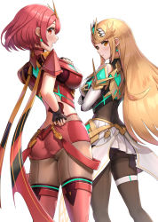 Rule 34 | 2girls, ahoge, ass, bare shoulders, blonde hair, blush, bodysuit, breasts, circlet, fingerless gloves, from behind, gloves, gonzarez, highres, large breasts, long hair, looking at viewer, looking back, multiple girls, mythra (massive melee) (xenoblade), mythra (xenoblade), nintendo, open mouth, panties, pantyhose, pantyshot, pyra (xenoblade), red eyes, red hair, red shorts, scarf, shiny skin, short hair, short shorts, shorts, sideboob, skirt, super smash bros., thighhighs, underwear, very long hair, xenoblade chronicles (series), xenoblade chronicles 2