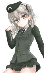 Rule 34 | 1girl, beret, black necktie, blush, breasts, brown eyes, closed mouth, collared shirt, commentary request, emblem, flipper, girls und panzer, green hat, green jacket, green skirt, grey hair, hair between eyes, hand up, hat, highres, jacket, long hair, looking at viewer, necktie, one side up, pleated skirt, selection university (emblem), selection university military uniform, shimada arisu, shirt, simple background, skirt, small breasts, solo, white background, white shirt