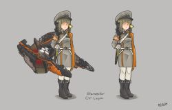 Rule 34 | 1girl, artist name, black footwear, boots, brown hair, closed mouth, de.calvin, full body, gloves, green hair, grey background, hat, jacket, legion (starsector), long hair, long sleeves, looking at viewer, military hat, multiple views, peaked cap, personification, standing, starsector, sword, weapon, white gloves, yellow eyes