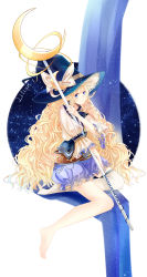Rule 34 | 1girl, absurdres, big hair, blonde hair, bloomers, blue eyes, crescent, doku kobuko, frills, hat, highres, long hair, messy hair, original, single thighhigh, sitting, smile, solo, staff, thighhighs, underwear, very long hair, wavy hair, witch, witch hat