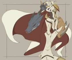 Rule 34 | armor, cape, colored skin, commentary, digimon, digimon (creature), foot out of frame, fu04pk, highres, horns, humanoid robot, multiple heads, omegamon, red cape, robot, shoulder armor, simple background, solo, spikes, two-sided cape, two-sided fabric, white cape, white skin
