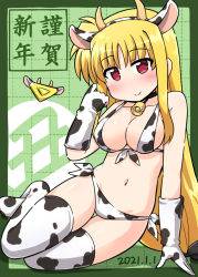 Rule 34 | 1girl, animal ears, animal print, bardiche (nanoha), bell, bikini, black choker, blonde hair, blush, border, breasts, chinese zodiac, choker, cleavage, commentary request, cow ears, cow horns, cow print, cow print bikini, dated, fake animal ears, fake horns, fate testarossa, front-tie bikini top, front-tie top, gloves, green border, hand in own hair, happy new year, horns, leaning to the side, long hair, lyrical nanoha, mahou shoujo lyrical nanoha, navel, neck bell, new year, partial commentary, print bikini, print gloves, print thighhighs, rainbowcard, red eyes, side-tie bikini bottom, sitting, solo, swimsuit, thigh gap, thighhighs, translated, white bikini, white gloves, white thighhighs, year of the ox, yokozuwari