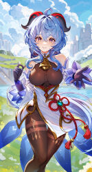 Rule 34 | 1girl, absurdres, ahoge, bare shoulders, bell, blue hair, blue sky, bodystocking, breasts, chen ying (alan-yut), chinese knot, closed mouth, cloud, day, detached sleeves, field, floating hair, ganyu (genshin impact), genshin impact, gloves, goat horns, grass, highres, horns, large breasts, long hair, looking at viewer, low ponytail, neck bell, open hand, outdoors, purple eyes, sky, smile, solo, tassel, very long hair, vision (genshin impact)