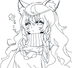 1girl :&lt; animal_ear_fluff animal_ears arknights artist_name braid bright_pupils citron80citron greyscale hair_between_eyes hair_ornament leopard_ears long_hair monochrome pramanix_(arknights) simple_background sketch solo turtleneck twin_braids upper_body