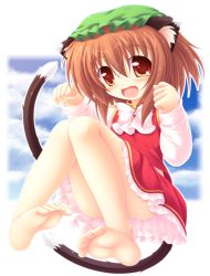 Rule 34 | 1girl, animal ears, barefoot, bow, brown eyes, brown hair, cat ears, cat tail, chen, fang, feet, hat, long sleeves, mob cap, multiple tails, nekomata, no panties, open mouth, red eyes, smile, soles, solo, tail, toes, touhou, yokuran