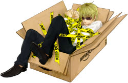 Rule 34 | 1boy, a-k, amazon (company), bad id, bad pixiv id, bdsm, bondage, bound, box, cardboard, cardboard box, caution tape, durarara!!, full body, heiwajima shizuo, in box, in container, keep out, male focus, messy hair, shoes, simple background, solo, sunglasses