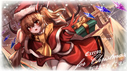 Rule 34 | 1girl, absurdres, alternate costume, artist name, bag, blonde hair, box, capelet, christmas, cowboy shot, crystal, dated, duffel bag, english text, fang, flandre scarlet, fur-trimmed capelet, fur trim, gift, gift box, gloves, hair between eyes, hat, highres, jacket, medium hair, multicolored wings, open mouth, outdoors, outstretched hand, pantyhose, red capelet, red eyes, red gloves, red jacket, red skirt, santa hat, scarf, side ponytail, skirt, solo, top-exerou, touhou, white pantyhose, wings, winter clothes, yellow scarf