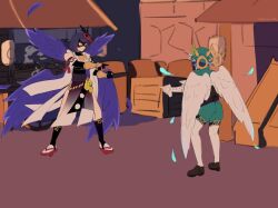 Rule 34 | 1boy, 1girl, absurdres, beret, bird wings, daytodayventi, feathered wings, genshin impact, green headwear, hat, highres, kujou sara, mask, meme, multiple wings, parody, pointing, pointing at another, pointing spider-man (meme), shaded face, tengu mask, venti (genshin impact), wings