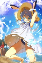 Rule 34 | 10s, 1girl, animal ears, anklet, armpits, arms up, bad id, bad pixiv id, bare shoulders, barefoot, beach, blue eyes, blue hair, blush, bright pupils, rabbit ears, commentary request, day, dress, ears through headwear, from below, garakuta omocha, grin, hat, jewelry, kneeling, corriente (show by rock!!), koyoi mitsuki, long hair, matching hair/eyes, one-piece swimsuit, outdoors, sand, show by rock!!, smile, solo, sun hat, swimsuit, swimsuit under clothes, white dress, wind, wind lift