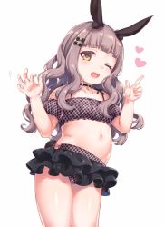 Rule 34 | 1girl, animal ears, arms up, bare shoulders, black neckwear, black skirt, blunt bangs, blush, character request, collar, collarbone, commentary request, copyright request, feet out of frame, grey hair, hair ornament, hairclip, heart, long hair, looking at viewer, maki (natoriumu), midriff, one eye closed, open mouth, pointing, pointing to the side, rabbit ears, sidelocks, simple background, skirt, solo, white background, yellow eyes