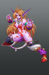 Rule 34 | 1girl, alternate form, animal ears, blonde hair, blush, boots, breasts, breath of fire, breath of fire ii, cameltoe, capcom, cat ears, cat tail, claws, colored skin, earrings, facial mark, furry, furry female, highres, jewelry, karosu maker, long hair, no panties, no pants, orange hair, pointy ears, purple skin, rinpoo chuan, solo, tail