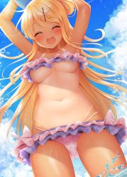 Rule 34 | 1girl, armpits, arms up, bare arms, bare shoulders, bikini, blonde hair, blue sky, blush, breasts, closed eyes, cloud, cloudy sky, collarbone, commentary request, day, facing viewer, flower, frills, from below, gluteal fold, hair bun, hair flower, hair ornament, hairclip, highres, kin-iro mosaic, kujou karen, long hair, medium breasts, minato ojitan, navel, open mouth, outdoors, pink bikini, purple eyes, red flower, single hair bun, sky, smile, solo, standing, swimsuit, underboob, very long hair, wading, water, x hair ornament