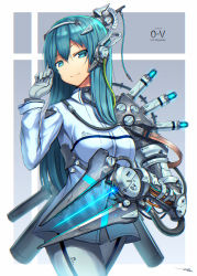 Rule 34 | 1girl, android, aqua eyes, aqua hair, breasts, chromatic aberration, cowboy shot, gia, gloves, gradient background, grey gloves, headgear, highres, long hair, looking at viewer, mechanical arms, medium breasts, original, pants, shirt, signature, simple background, single glove, single mechanical arm, smile, solo, walking