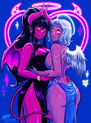 Rule 34 | 2girls, :d, angel and devil, angel wings, artist name, ass, asymmetrical docking, backless dress, backless outfit, bare shoulders, black dress, black hair, blue background, blue dress, breast press, breasts, colored skin, commentary, cross, cross earrings, demon girl, demon wings, dress, earrings, english commentary, facial mark, fangs, halo, hand on another&#039;s waist, horns, iahfy, jewelry, large breasts, long hair, medium breasts, medium hair, multiple girls, o-ring dress, open mouth, orange eyes, original, pelvic curtain, pointy ears, ponytail, red skin, side slit, simple background, smile, synth (iahfy), very long hair, white hair, wings