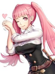 Rule 34 | 1girl, ascot, belt, blunt bangs, blush, female focus, fire emblem, fire emblem: three houses, gonzarez, heart, highres, hilda valentine goneril, long hair, long sleeves, looking at viewer, matching hair/eyes, nintendo, one eye closed, pink eyes, pink hair, simple background, smile, solo, sword, tongue, tongue out, twintails, uniform, weapon, wink