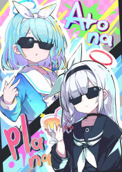 Rule 34 | 2girls, arona (blue archive), black choker, black coat, black hairband, black sailor collar, black serafuku, blue archive, blue hair, blue halo, blue serafuku, blunt bangs, braid, choker, closed mouth, coat, colored inner hair, commentary, cup, drinking glass, drinking straw, hair over one eye, hair ribbon, hairband, halo, highres, holding, holding cup, inward v, long hair, long sleeves, multicolored hair, multiple girls, neckerchief, omochishiki, open clothes, open coat, parted lips, pink halo, plana (blue archive), purple hair, ribbon, sailor collar, school uniform, serafuku, short hair, side braid, sidelocks, single braid, sparkle, sunglasses, upper body, v, white choker, white hair, white hairband, white neckerchief, white ribbon, white sailor collar, wine glass