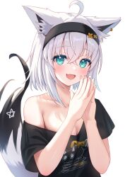 Rule 34 | 1girl, absurdres, animal ears, aqua eyes, black shirt, breasts, cleavage, highres, hololive, looking at viewer, open mouth, shirakami fubuki, shirt, small breasts, smile, solo, togemaru34, virtual youtuber, white hair, wolf ears