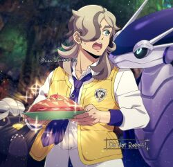 Rule 34 | 1boy, arven (pokemon), blurry, blurry background, brown hair, commentary request, creatures (company), flag, food, game freak, green eyes, highres, holding, holding plate, kurimilove, long hair, looking to the side, mabosstiff, male focus, miraidon, necktie, nintendo, open mouth, plate, pokemon, pokemon (creature), pokemon sv, purple necktie, sandwich, shirt, sparkle, sweatdrop, teeth, tongue, upper teeth only, vest, white shirt, yellow vest