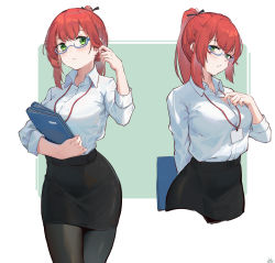 Rule 34 | 1girl, absurdres, adjusting hair, alternate costume, arm behind back, bespectacled, black skirt, button gap, chucolala, clothes pull, collared shirt, contrapposto, cowboy shot, cropped legs, dress shirt, folder, from side, glasses, green eyes, highres, hiseki erio, holding, j.xh, multiple views, office lady, pantyhose, pencil skirt, ponytail, red hair, semi-rimless eyewear, shirt, shirt pull, shirt tucked in, sideways glance, skirt, virtual youtuber, white shirt, wing collar