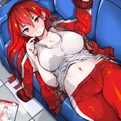 Rule 34 | 1girl, couch, gym uniform, jacket, looking at viewer, lying, mori hikiko, navel, on back, open clothes, pants, red hair, takayama toshinori, track jacket, track pants, track suit, zipper