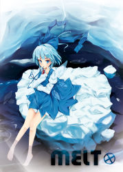 Rule 34 | 1girl, barefoot, blue eyes, blue hair, bow, cirno, detached wings, hair bow, highres, ice, ice wings, ilis, long sleeves, matching hair/eyes, puffy sleeves, short hair, sitting, solo, touhou, wings