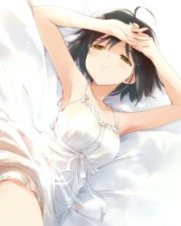 Rule 34 | 1girl, armpits, asoka, black hair, blush, breasts, closed mouth, commentary request, dress, idolmaster, idolmaster cinderella girls, jewelry, large breasts, looking at viewer, necklace, short hair, smile, solo, takafuji kako, white dress, yellow eyes