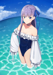 Rule 34 | 1girl, absurdres, bare shoulders, blue eyes, blue ribbon, blue sky, blush, breasts, choker, closed mouth, collarbone, day, fate/grand order, fate (series), fisheye, frills, hair ribbon, highleg, highleg swimsuit, highres, k-ya., long hair, long sleeves, looking at viewer, meltryllis, meltryllis (fate), meltryllis (swimsuit lancer) (fate), meltryllis (swimsuit lancer) (second ascension) (fate), ocean, off-shoulder one-piece swimsuit, off shoulder, one-piece swimsuit, puffy sleeves, purple hair, ribbon, sky, sleeves past fingers, sleeves past wrists, small breasts, smile, solo, swimsuit, thighs, very long hair, wading, water, white ribbon