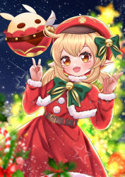 Rule 34 | 1girl, absurdres, ahoge, artist name, bell, belt, blonde hair, blurry, blurry background, blurry foreground, bokeh, bow, cabbie hat, candy apple, christmas, clover print, commentary request, depth of field, dress, food, fur trim, genshin impact, hair between eyes, hands up, hat, hayin hoang, highres, jingle bell, jumpy dumpty, klee (genshin impact), long sleeves, looking at viewer, open mouth, orange eyes, outdoors, pointy ears, red dress, santa dress, short twintails, sidelocks, sky, star (sky), star (symbol), star print, starry sky, twintails, v, yellow eyes