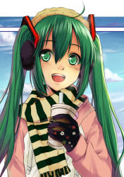 Rule 34 | 1girl, ablaze, ahoge, cup, earmuffs, gloves, green eyes, green hair, hat, hatsune miku, long hair, matching hair/eyes, open mouth, scarf, smile, solo, starbucks, striped clothes, striped scarf, twintails, vocaloid
