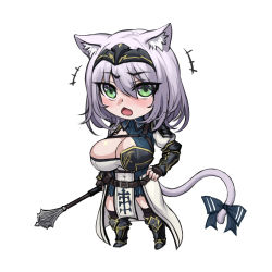 Rule 34 | 1girl, animal ear fluff, animal ears, armor, armored dress, belt, belt pouch, black gloves, black thighhighs, blue dress, blush, bow, breasts, brown belt, cat ears, cat girl, cat tail, chest guard, chest harness, chest strap, chibi, chinese commentary, cleavage, cleavage cutout, clothing cutout, collared dress, commentary request, covered navel, dress, fingerless gloves, full body, gloves, greaves, green eyes, grey hair, hair between eyes, harness, holding, holding weapon, hololive, kemonomimi mode, large breasts, leather belt, looking at viewer, mace, medium hair, open mouth, pauldrons, pelvic curtain, pouch, puffy sleeves, shirogane noel, shirogane noel (1st costume), short dress, shoulder armor, simple background, single pauldron, solo, tail, tail bow, tail ornament, thighhighs, vambraces, virtual youtuber, waist cape, weapon, white background, yeklsa
