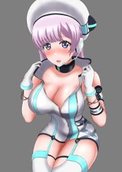 Rule 34 | 1girl, artist request, bare shoulders, blue eyes, blush, breasts, choker, cleavage, collarbone, d4dj, gloves, hat, highres, izumo saki, large breasts, legs, long hair, open clothes, open mouth, simple background, solo, tagme, undressing, white hair