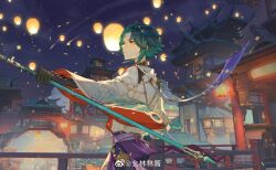 Rule 34 | 1boy, aqua hair, arm up, belt, black gloves, blue sky, bridge, closed mouth, cloud, cloudy sky, facial mark, forehead mark, genshin impact, gloves, green hair, guooug233, hand up, highres, holding, holding weapon, house, jewelry, lamp, long sleeves, looking to the side, male focus, multicolored hair, necklace, night, night sky, outdoors, pants, pearl necklace, purple belt, purple pants, shirt, short hair, sky, smile, solo, standing, star (sky), starry sky, tree, two-tone hair, weapon, white shirt, wide sleeves, window, xiao (genshin impact), yellow eyes