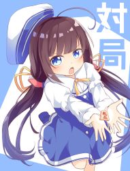Rule 34 | 10s, 1girl, ahoge, beret, blue background, blue dress, blue eyes, blush, board game, brown hair, commentary request, dress, hat, highres, hinatsuru ai, layered sleeves, long hair, long sleeves, looking at viewer, low twintails, meimu mmy, open mouth, outstretched arms, puffy short sleeves, puffy sleeves, ryuuou no oshigoto!, school uniform, shogi, short over long sleeves, short sleeves, solo, translation request, twintails, two-tone background, unworn hat, unworn headwear, v-shaped eyebrows, very long hair, white background, white hat