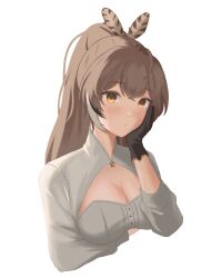 Rule 34 | 1girl, ahoge, brown eyes, brown hair, cleavage cutout, clothing cutout, crossed bangs, gloves, head rest, highres, hololive, hololive english, looking at viewer, multicolored hair, nanashi mumei, nanashi mumei (1st costume), shirt, streaked hair, upper body, usagi621, virtual youtuber, white shirt