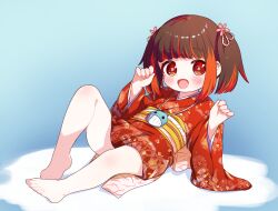 Rule 34 | 1girl, :d, barefoot, blue background, blush, brown hair, commentary request, done (donezumi), gradient background, highres, japanese clothes, jewelry, kimono, legs, long sleeves, looking at viewer, lying, multicolored hair, obi, on back, open mouth, original, pendant, print kimono, red eyes, red hair, red kimono, sash, short hair, smile, solo, thighs, toes, twintails, two-tone hair, wide sleeves