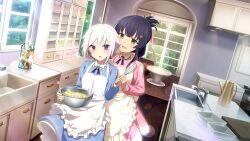 2girls :d ahoge apron blue_dress bowl dress folded_ponytail frilled_apron frills game_cg green_eyes grey_hair hair_between_eyes holding holding_bowl indoors itomi_sayaka kitchen long_sleeves mixer_(cooking) multiple_girls official_art open_mouth pink_dress purple_eyes purple_hair short_hair sink smile standing teapot toji_no_miko toji_no_miko:_kizamishi_issen_no_tomoshibi tray white_apron window yanase_mai